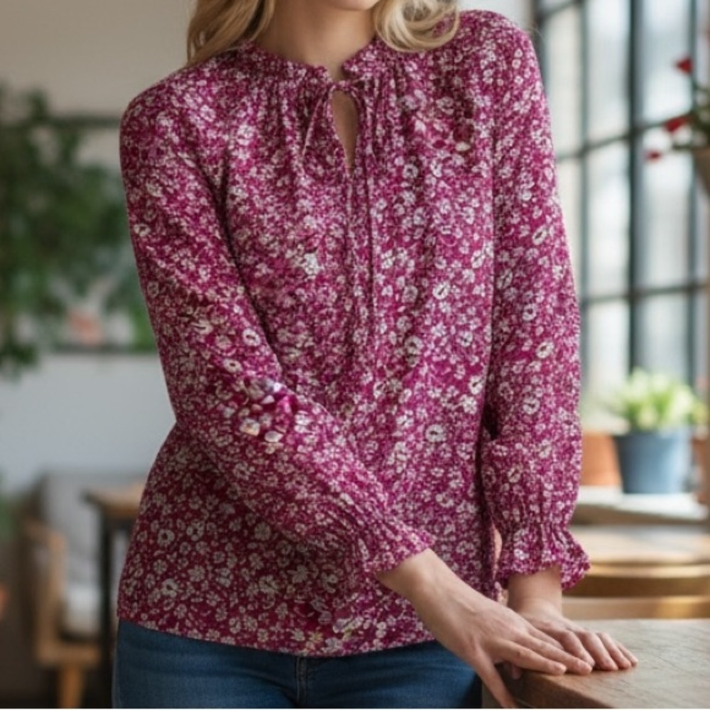Alexander Jordan Womens Pink White Floral Ruffle Keyhole Neck Blouse Size Small